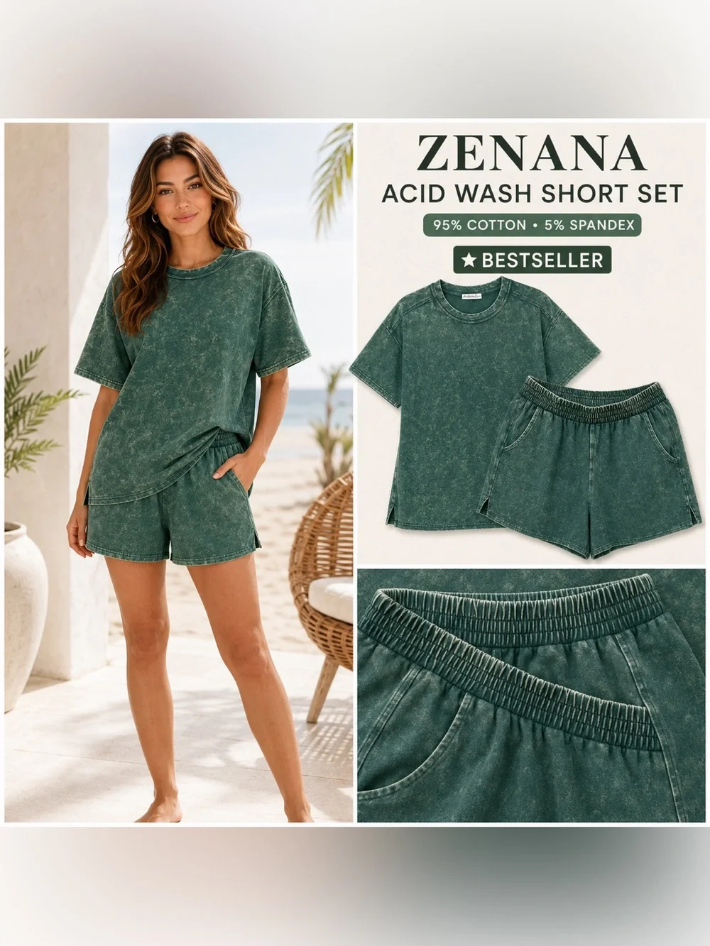 Zenana Outfitters Acid Wash Short Set in Forest Green